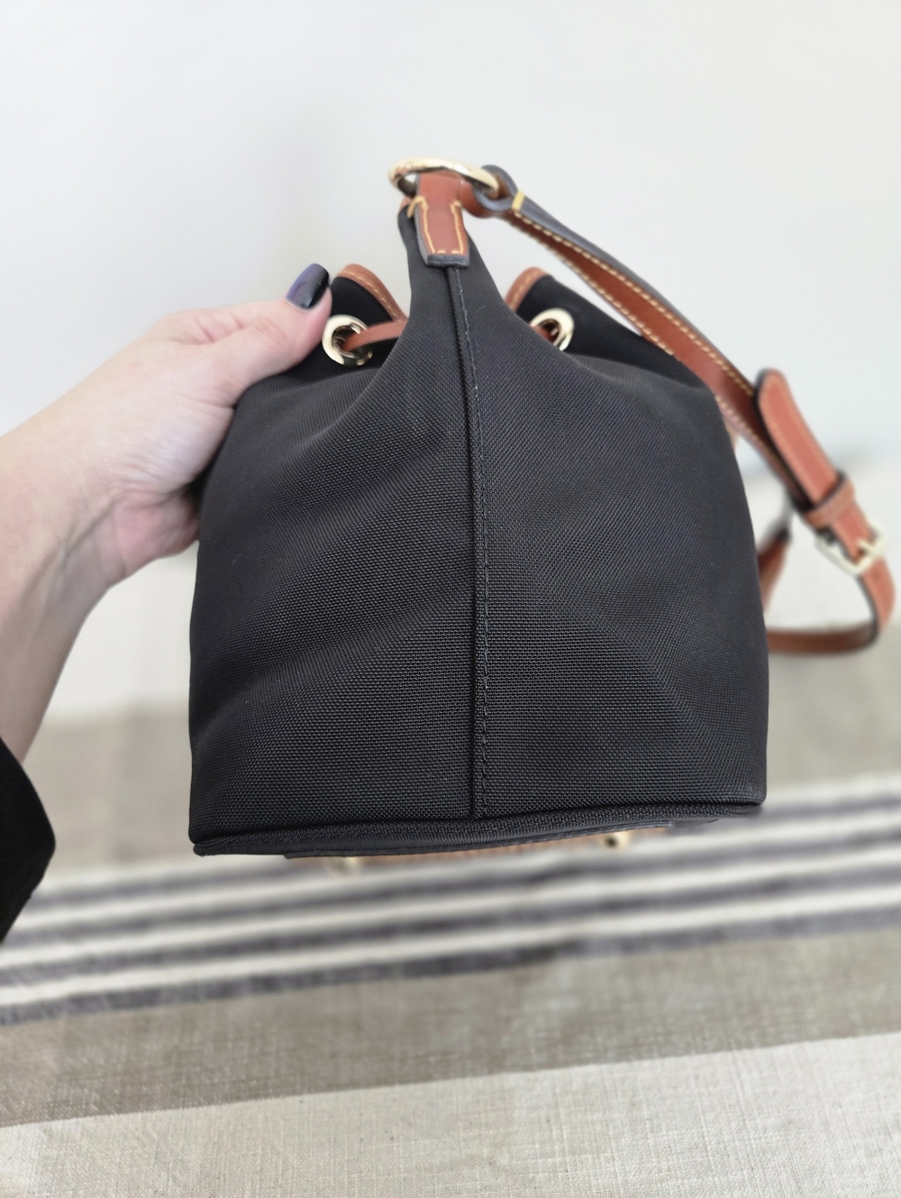 Dooney & Bourke Black Nylon Bucket Bag with Brown Trim and Tassels - Picture 10 of 16